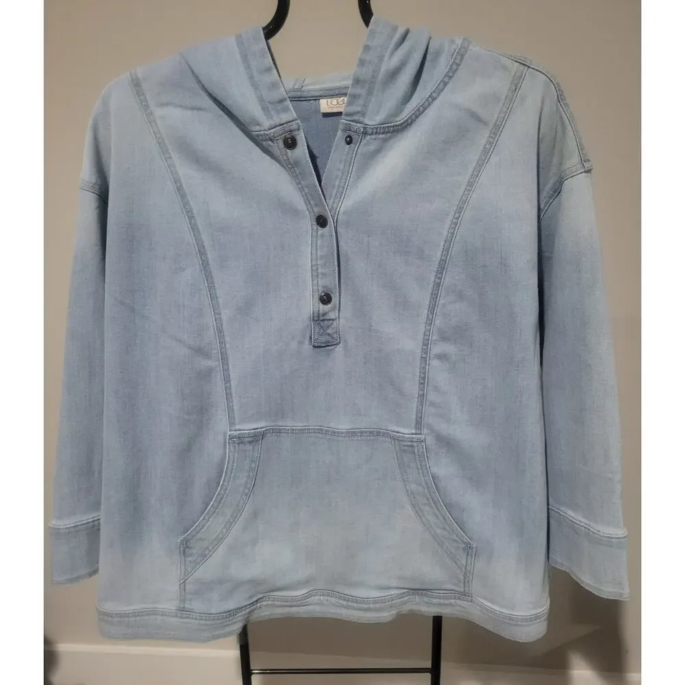 LOGO Lori Goldstein Petite 1X Light Wash Hooded Denim Sweatshirt A702747 NWOT - Picture 2 of 11